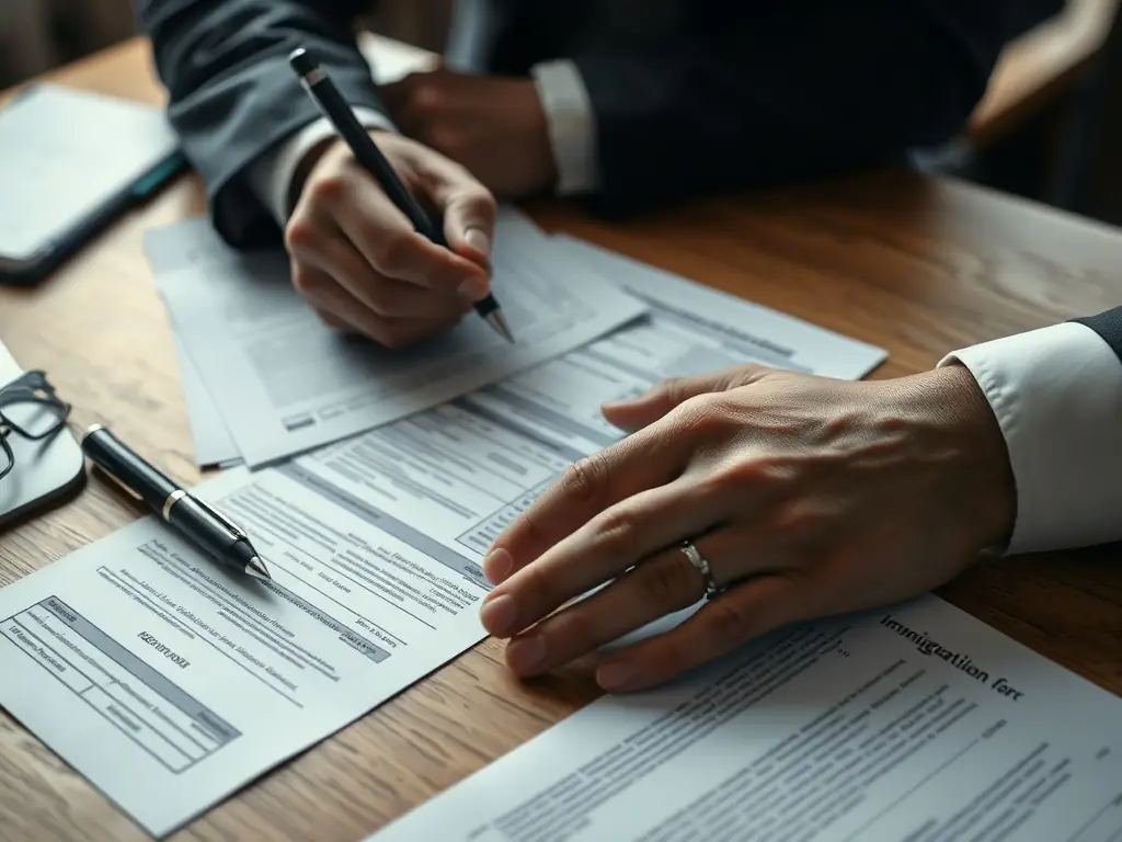 An immigration consultant holding a pen and writing on a document, representing professional immigration consulting and document preparation services.