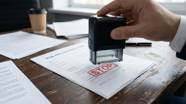Señal de alto sobre una solicitud de visa, que representa casos de inmigración que necesitan un abogado